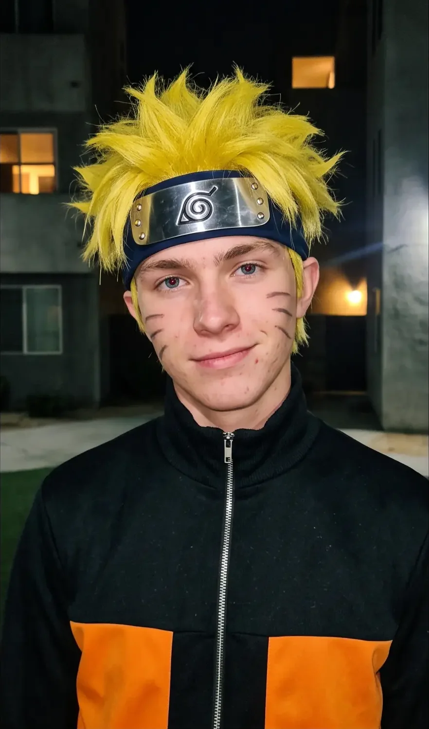 Naruto IRL close up, smiling at the camera, the steel plate of his headband catching the light