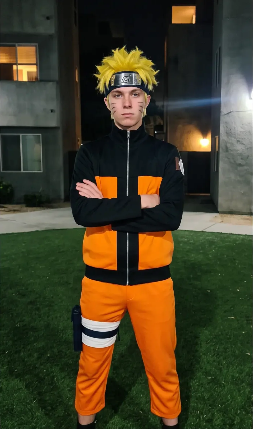 Naruto IRL standing on the grass of a night courtyard, arms crossed, looking at the camera
