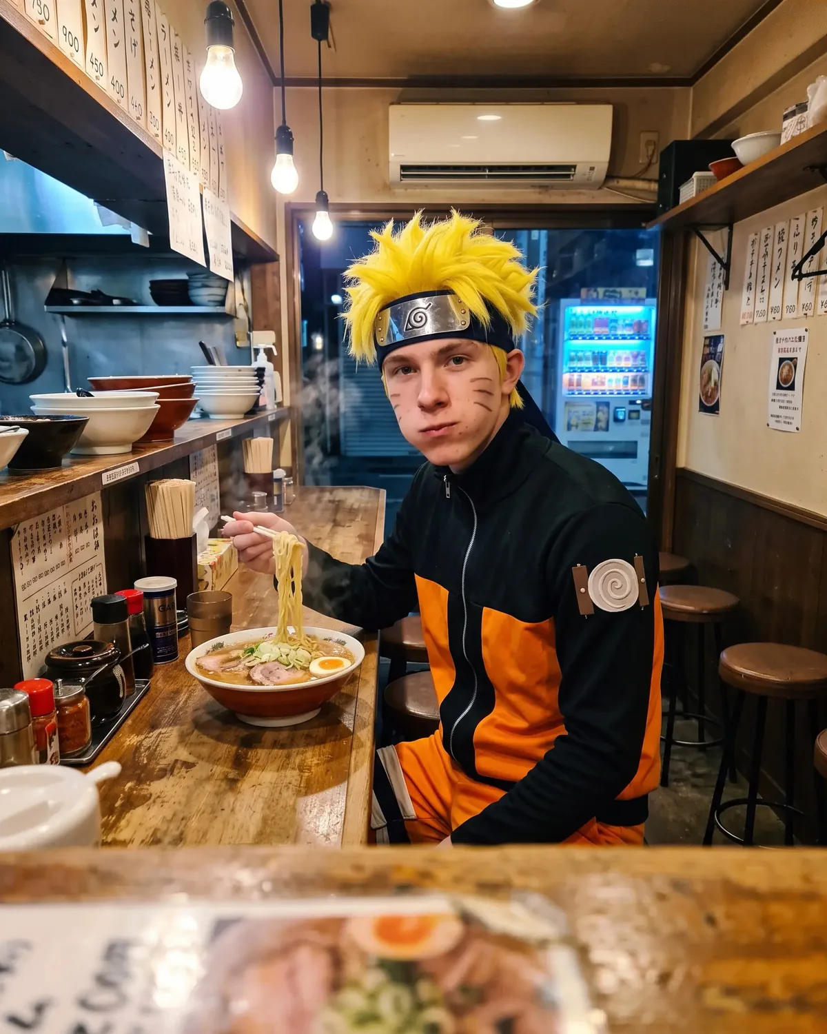 Naruto IRL at a late-night ramen counter, lifting noodles with chopsticks