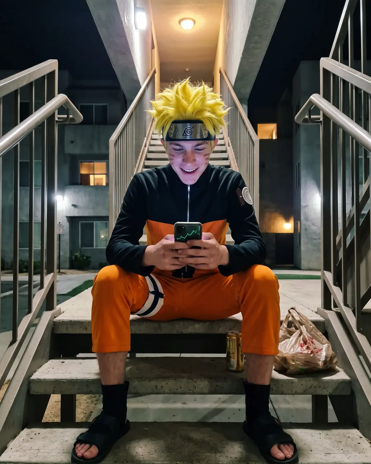 Naruto IRL sitting on an outdoor stairwell at night, grinning at a green chart on his phone